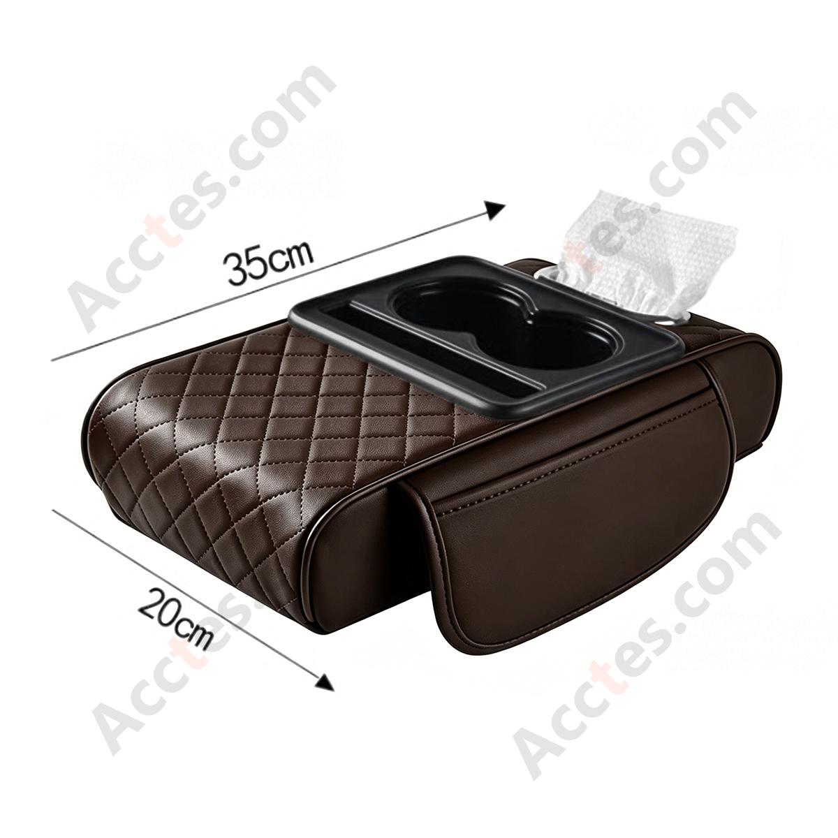 4-in-1 Multifunctional Car Tissue Box, Armrest Riser Pad, Storage Bag & Cup Holder, Coffee Color