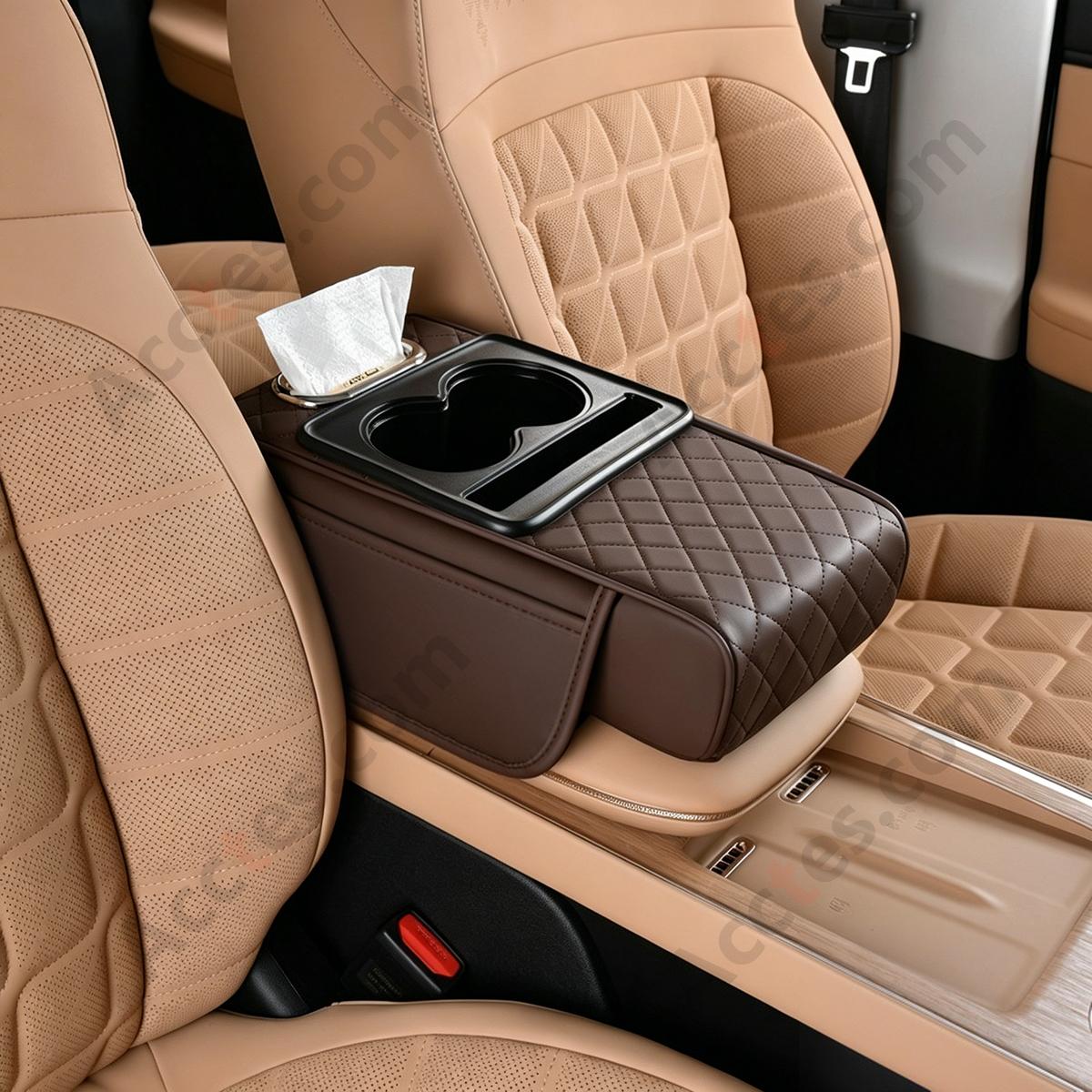 4-in-1 Multifunctional Car Tissue Box, Armrest Riser Pad, Storage Bag & Cup Holder, Coffee Color