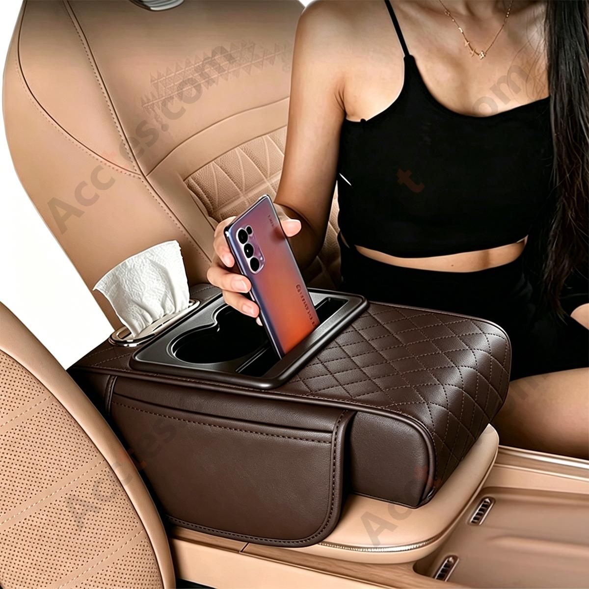 4-in-1 Multifunctional Car Tissue Box, Armrest Riser Pad, Storage Bag & Cup Holder, Coffee Color