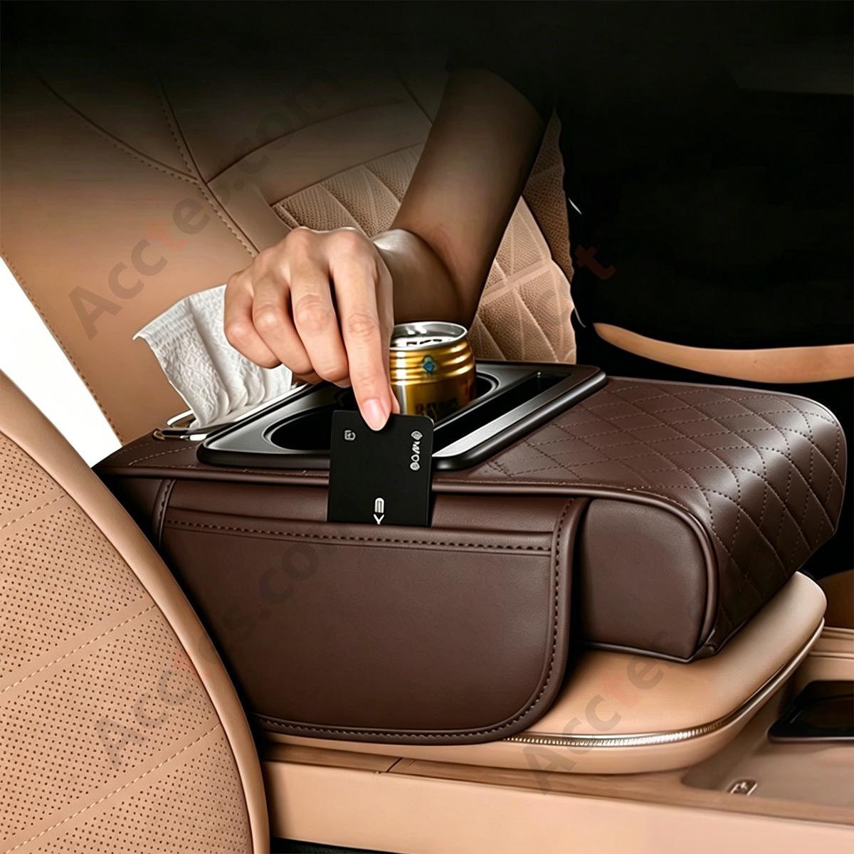 4-in-1 Multifunctional Car Tissue Box, Armrest Riser Pad, Storage Bag & Cup Holder, Coffee Color