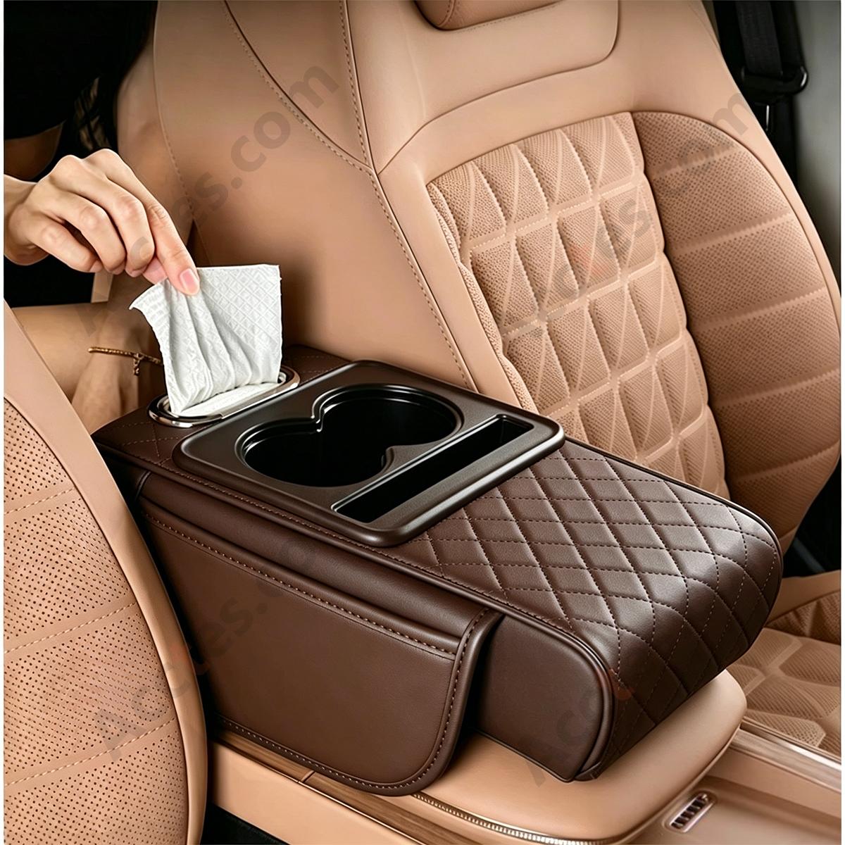 4-in-1 Multifunctional Car Tissue Box, Armrest Riser Pad, Storage Bag & Cup Holder, Coffee Color