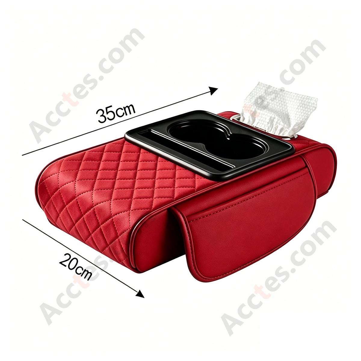4-in-1 Multifunctional Car Tissue Box, Armrest Riser Pad, Storage Bag & Cup Holder, Red
