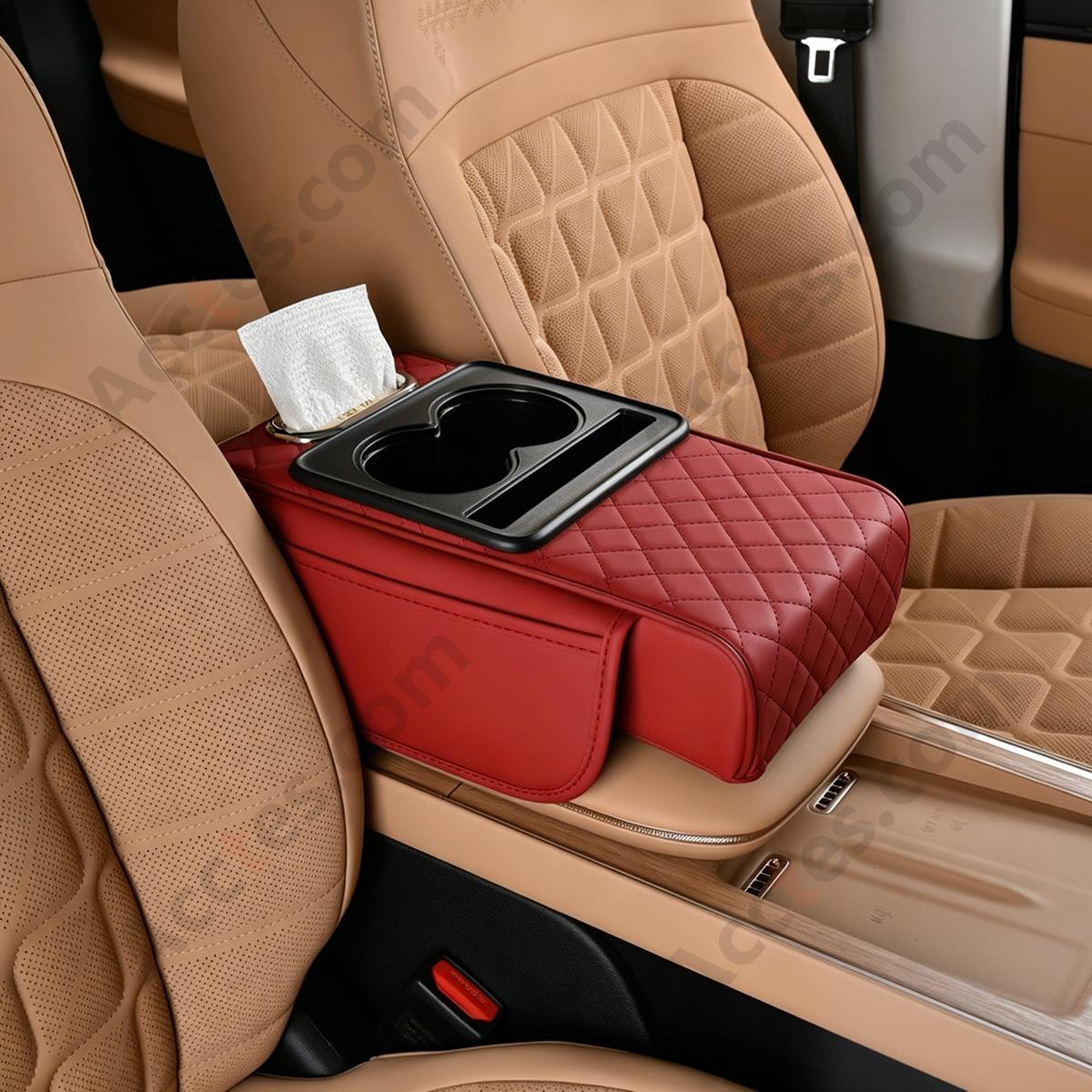 4-in-1 Multifunctional Car Tissue Box, Armrest Riser Pad, Storage Bag & Cup Holder, Red