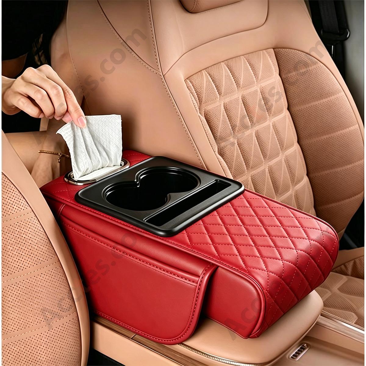 4-in-1 Multifunctional Car Tissue Box, Armrest Riser Pad, Storage Bag & Cup Holder, Red
