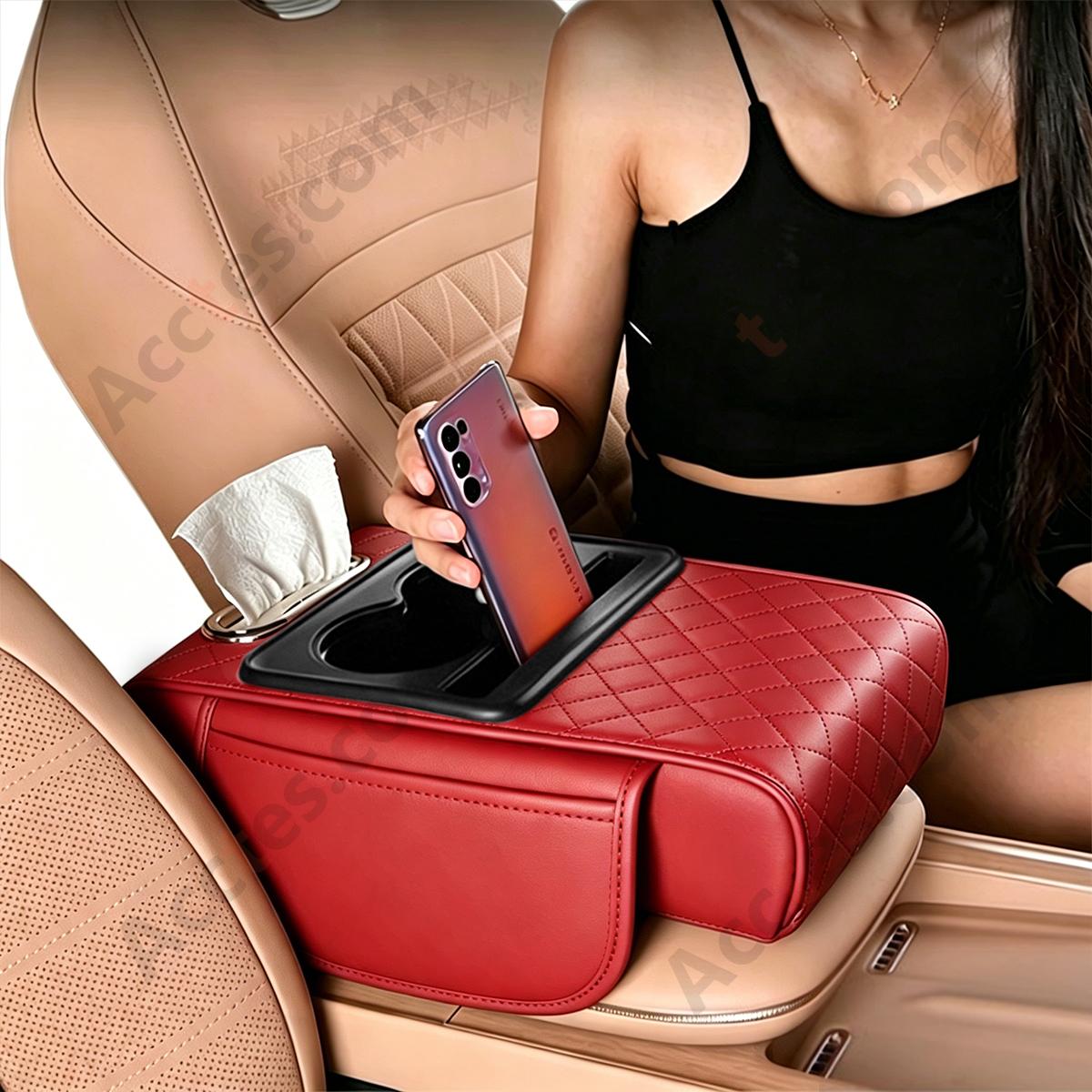 4-in-1 Multifunctional Car Tissue Box, Armrest Riser Pad, Storage Bag & Cup Holder, Red