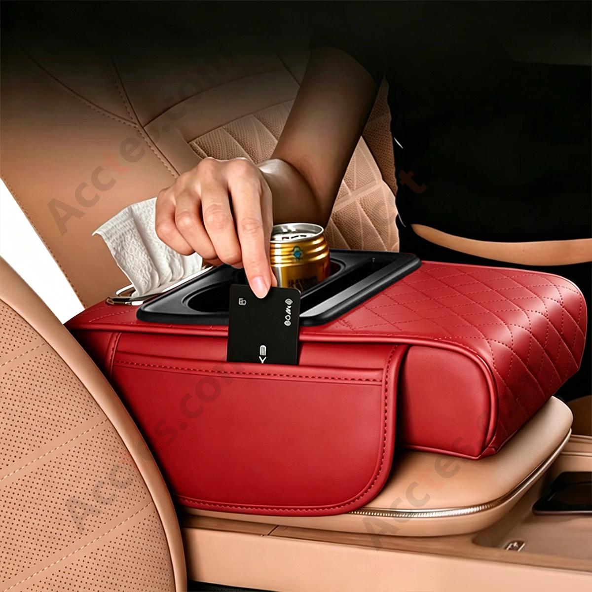 4-in-1 Multifunctional Car Tissue Box, Armrest Riser Pad, Storage Bag & Cup Holder, Red