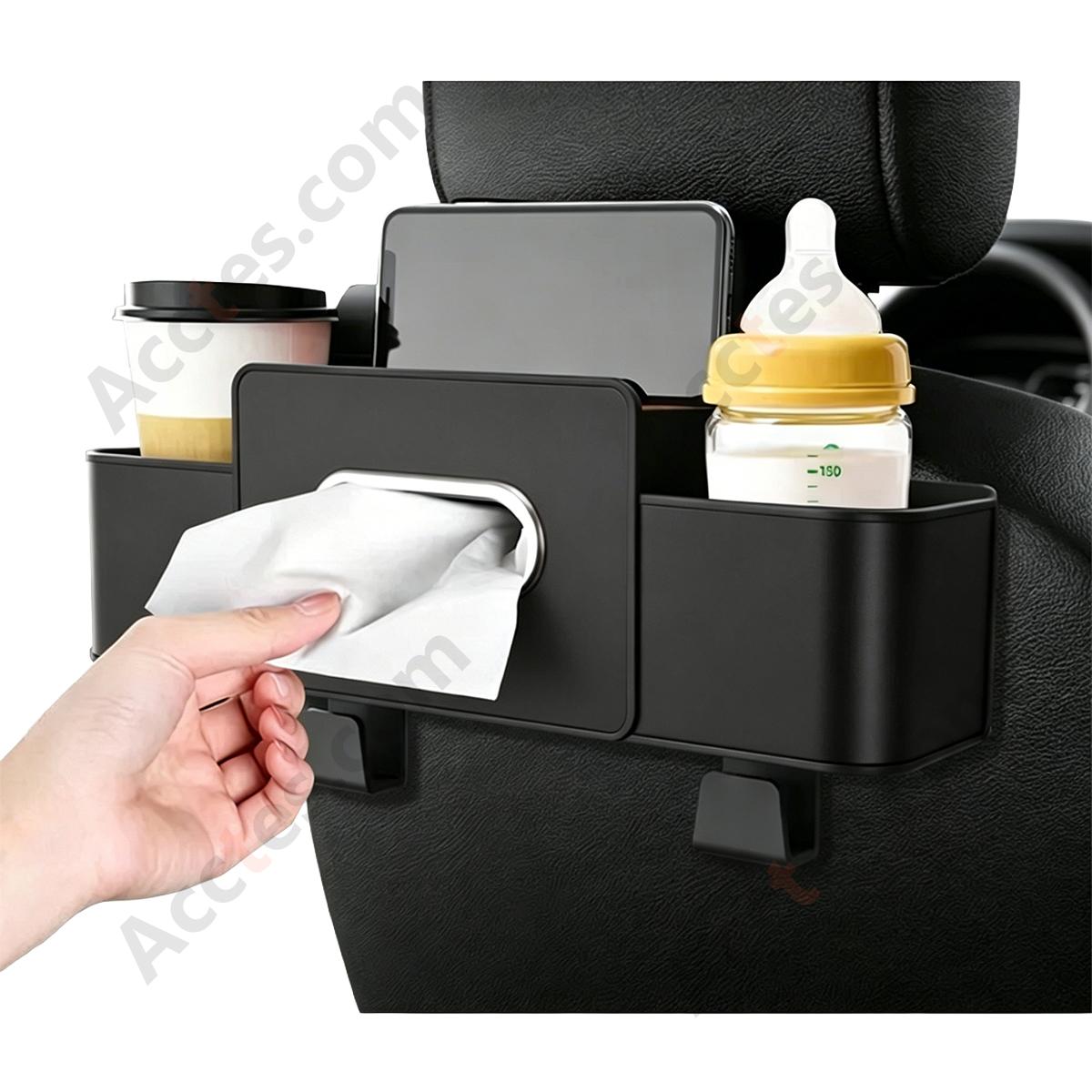 Multi-Functional Car Seat Back Hook Storage Box with Tissue & Cup Holder, Black