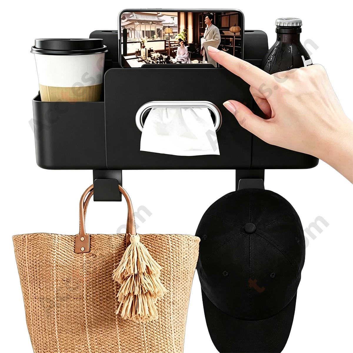 Multi-Functional Car Seat Back Hook Storage Box with Tissue & Cup Holder, Black