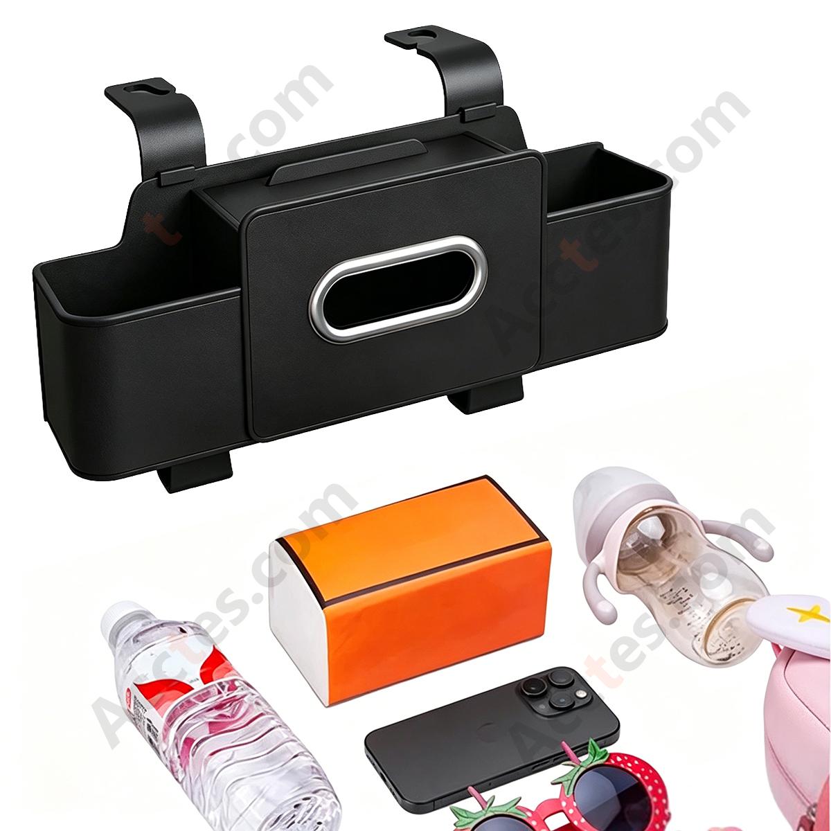 Multi-Functional Car Seat Back Hook Storage Box with Tissue & Cup Holder, Black
