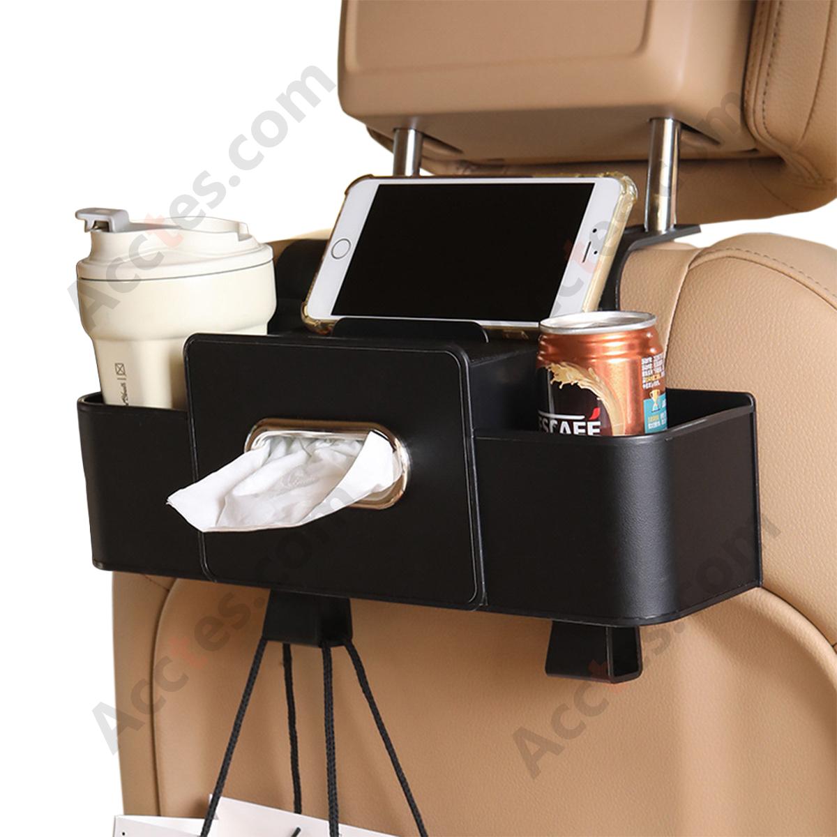 Multi-Functional Car Seat Back Hook Storage Box with Tissue & Cup Holder, Black