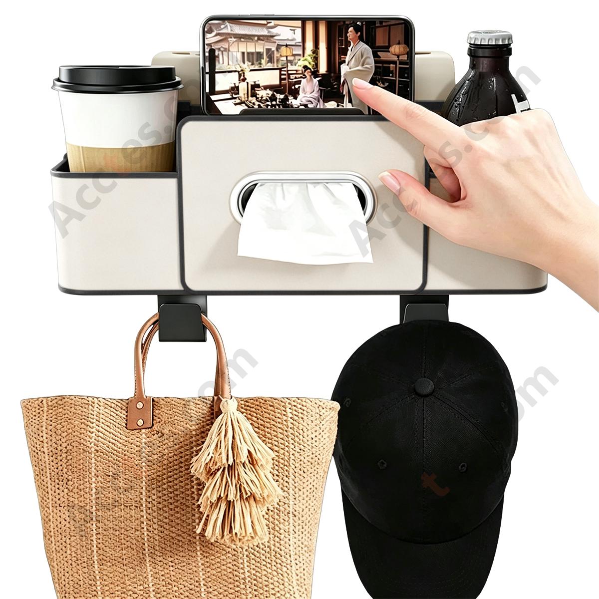 Multi-Functional Car Seat Back Hook Storage Box with Tissue & Cup Holder, Beige