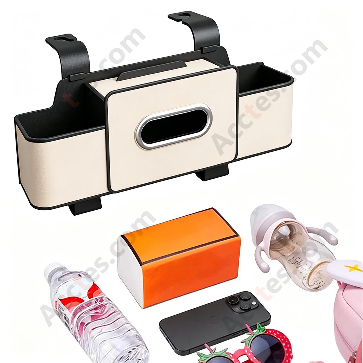 Multi-Functional Car Seat Back Hook Storage Box with Tissue & Cup Holder, Beige