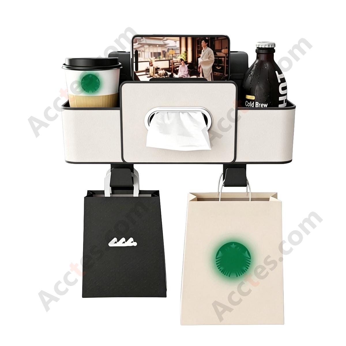 Multi-Functional Car Seat Back Hook Storage Box with Tissue & Cup Holder, Beige