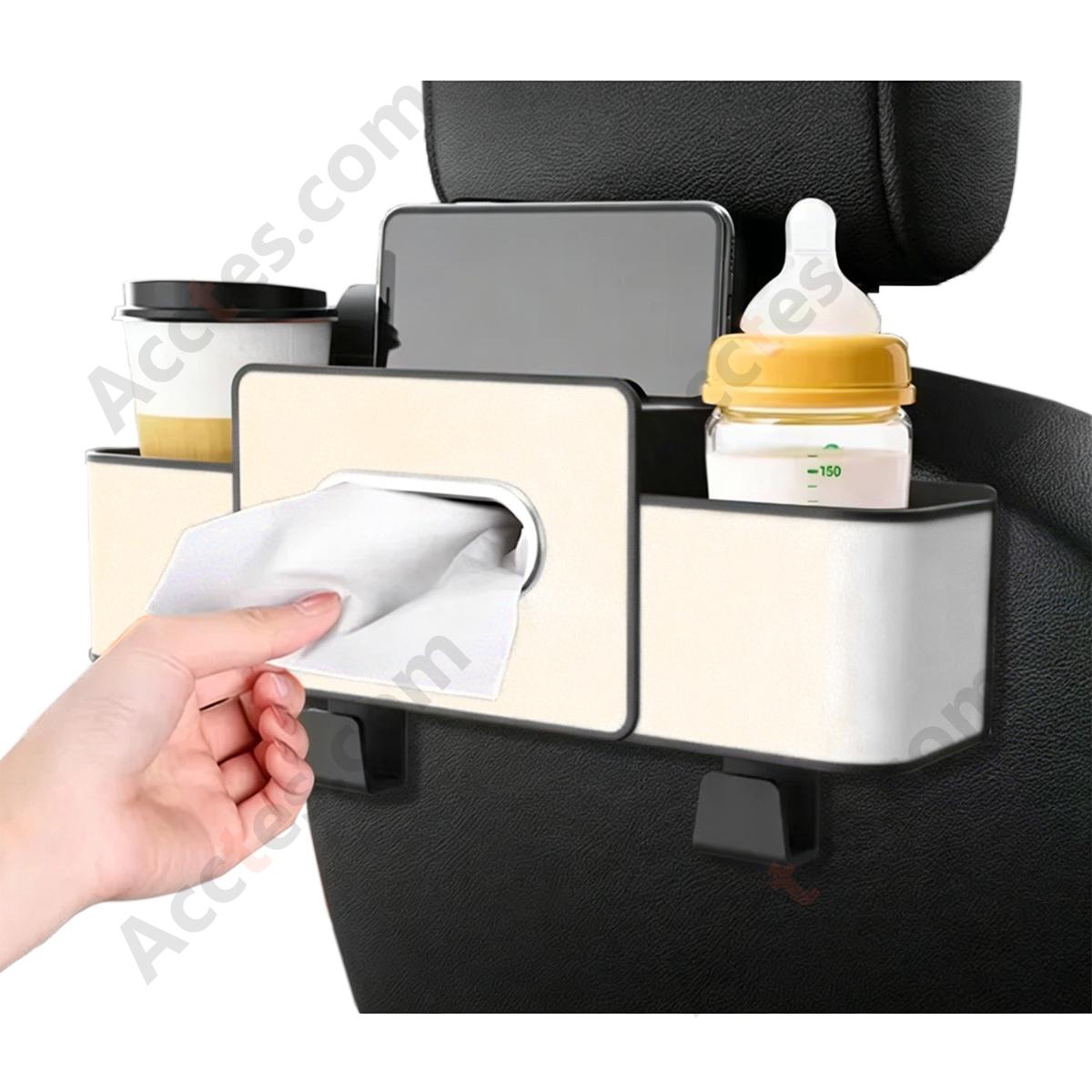 Multi-Functional Car Seat Back Hook Storage Box with Tissue & Cup Holder, Beige