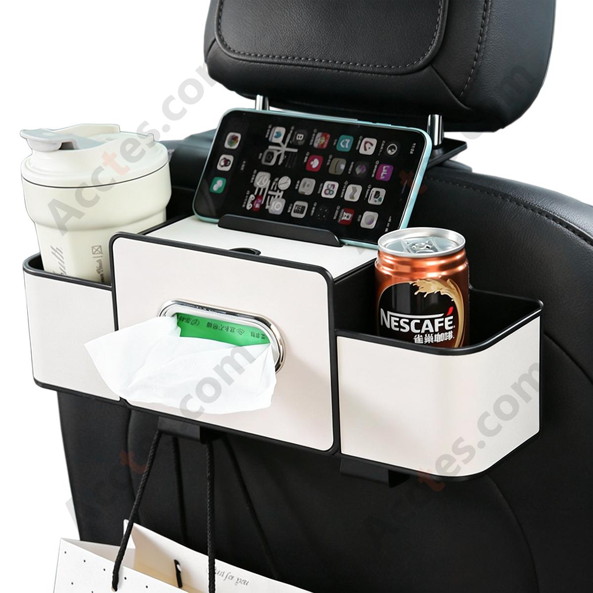 Multi-Functional Car Seat Back Hook Storage Box with Tissue & Cup Holder, Beige