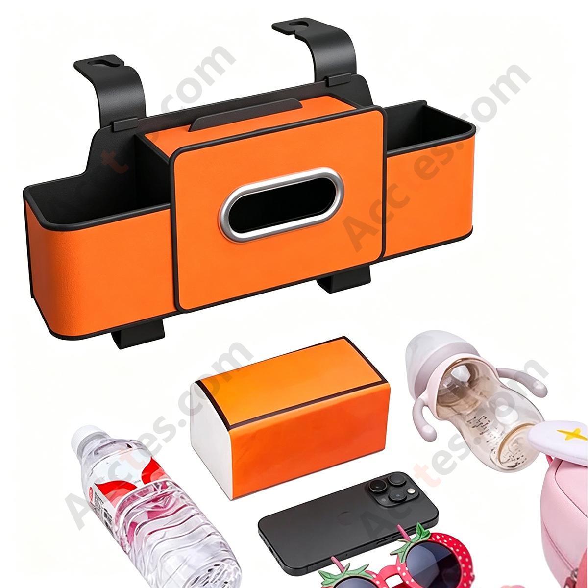 Multi-Functional Car Seat Back Hook Storage Box with Tissue & Cup Holder, Orange