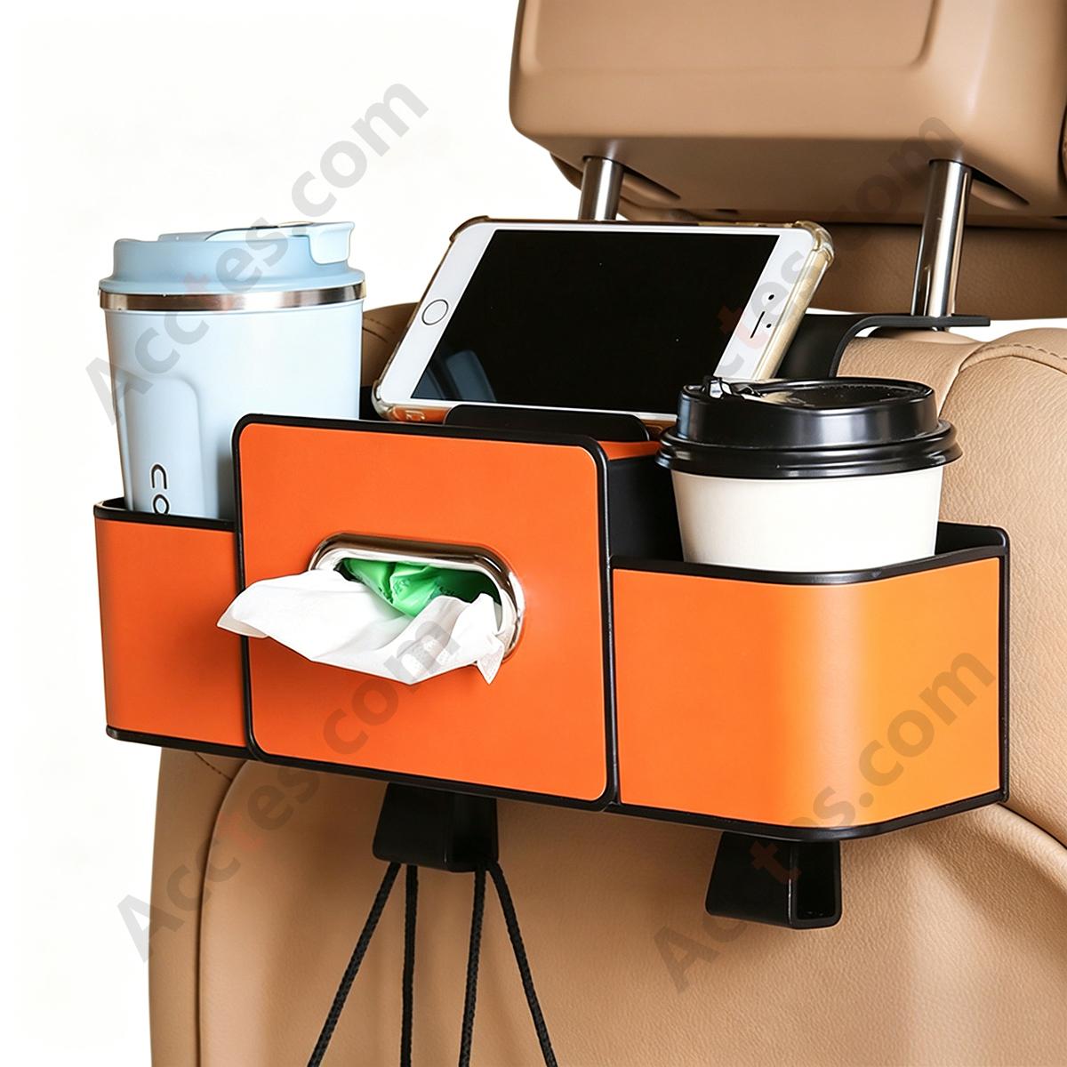 Multi-Functional Car Seat Back Hook Storage Box with Tissue & Cup Holder, Orange
