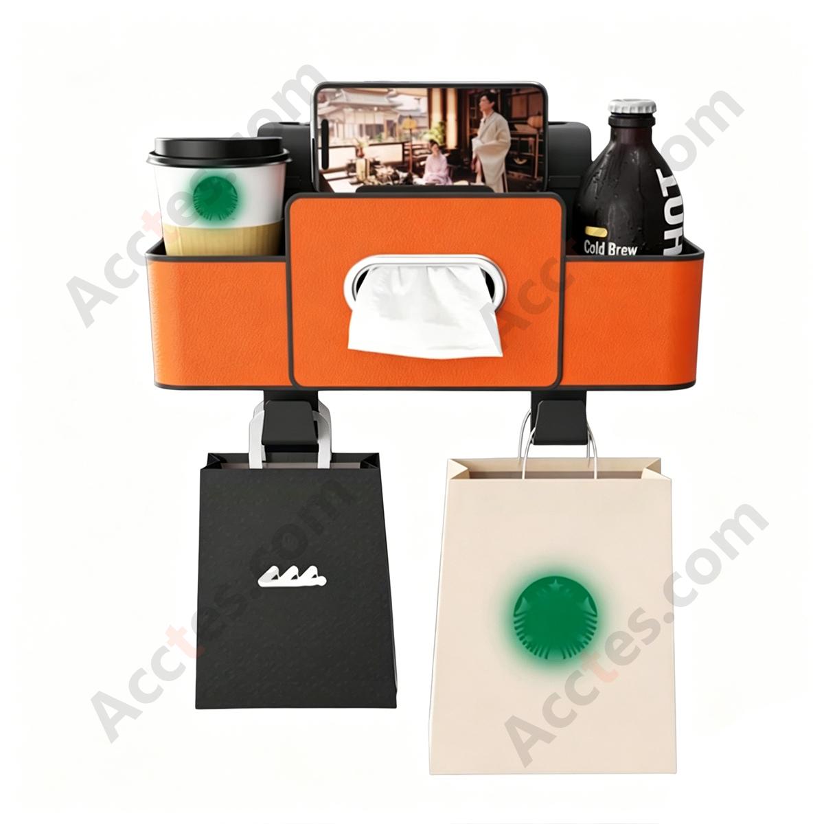 Multi-Functional Car Seat Back Hook Storage Box with Tissue & Cup Holder, Orange