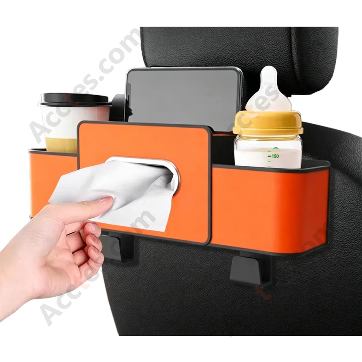 Multi-Functional Car Seat Back Hook Storage Box with Tissue & Cup Holder, Orange