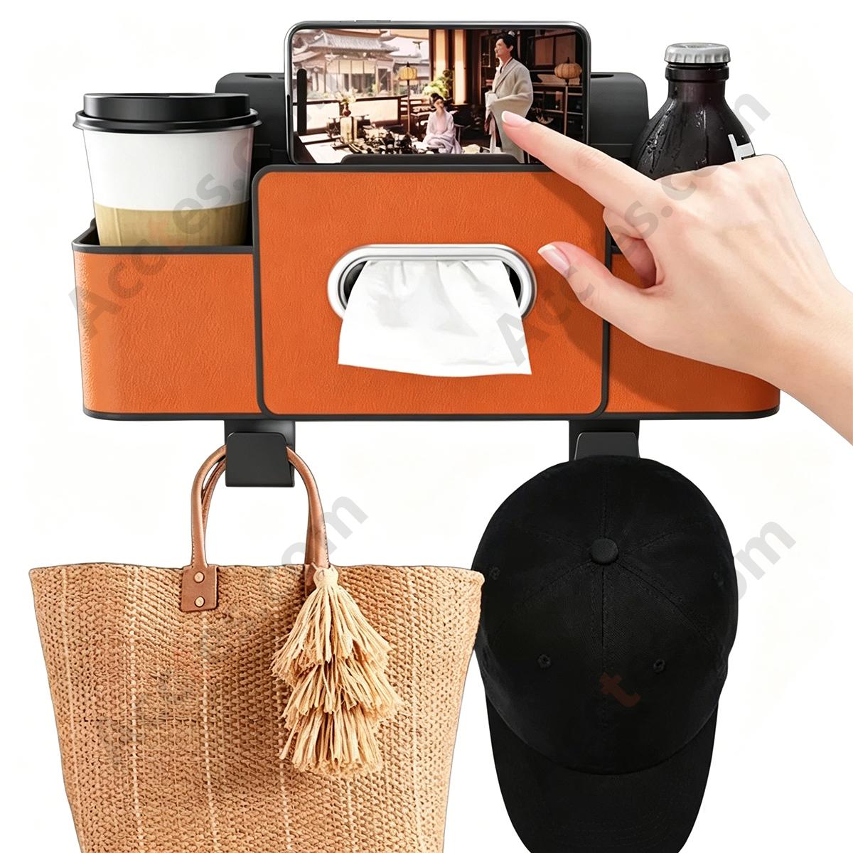 Multi-Functional Car Seat Back Hook Storage Box with Tissue & Cup Holder, Orange