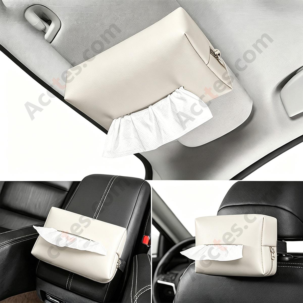 Hanging Leather Car Tissue Pouch for Sun Visor & Seat Back, Beige