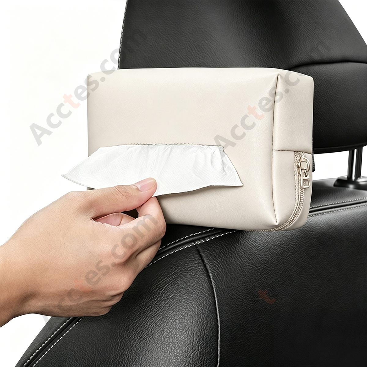 Hanging Leather Car Tissue Pouch for Sun Visor & Seat Back, Beige