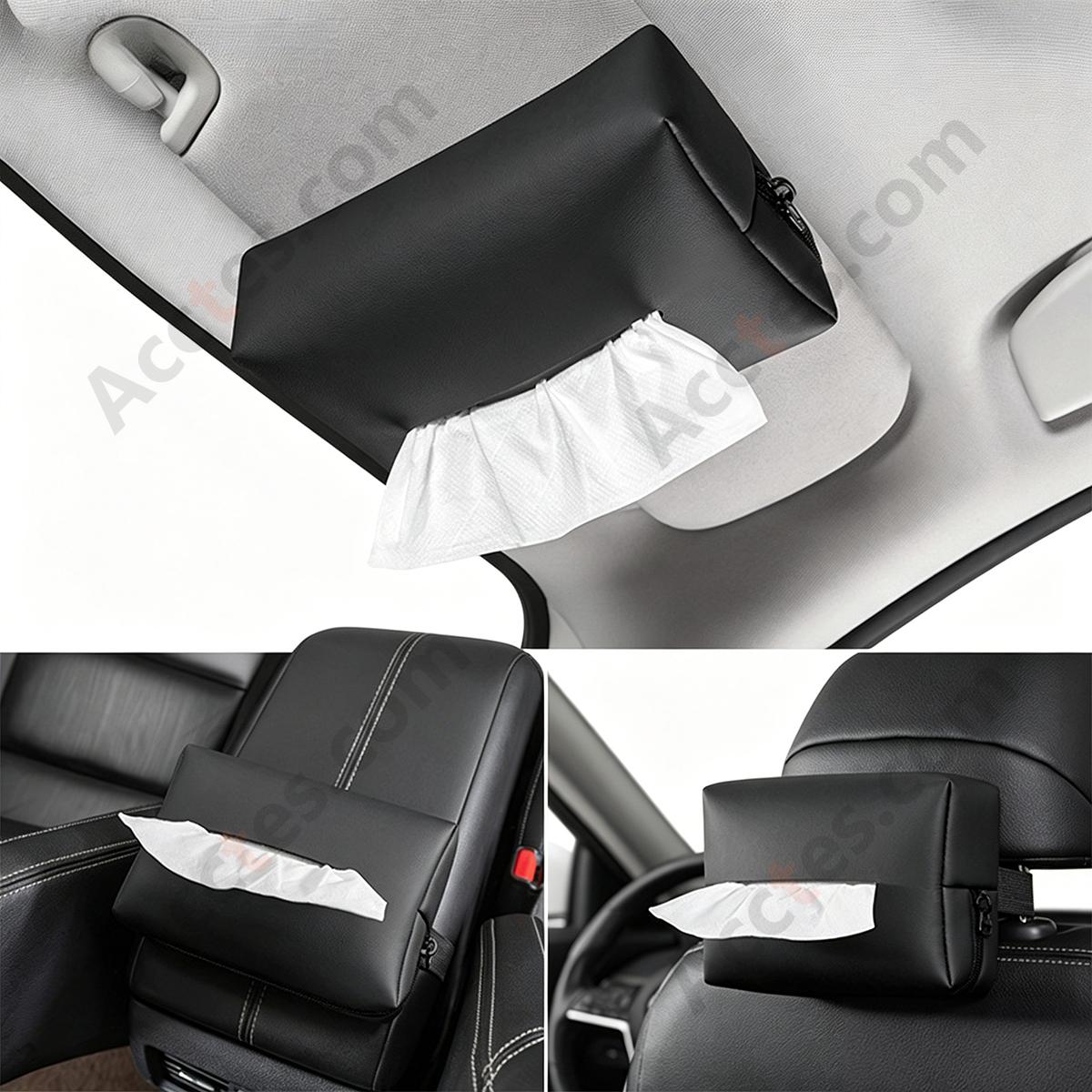 Hanging Leather Car Tissue Pouch for Sun Visor & Seat Back, Black