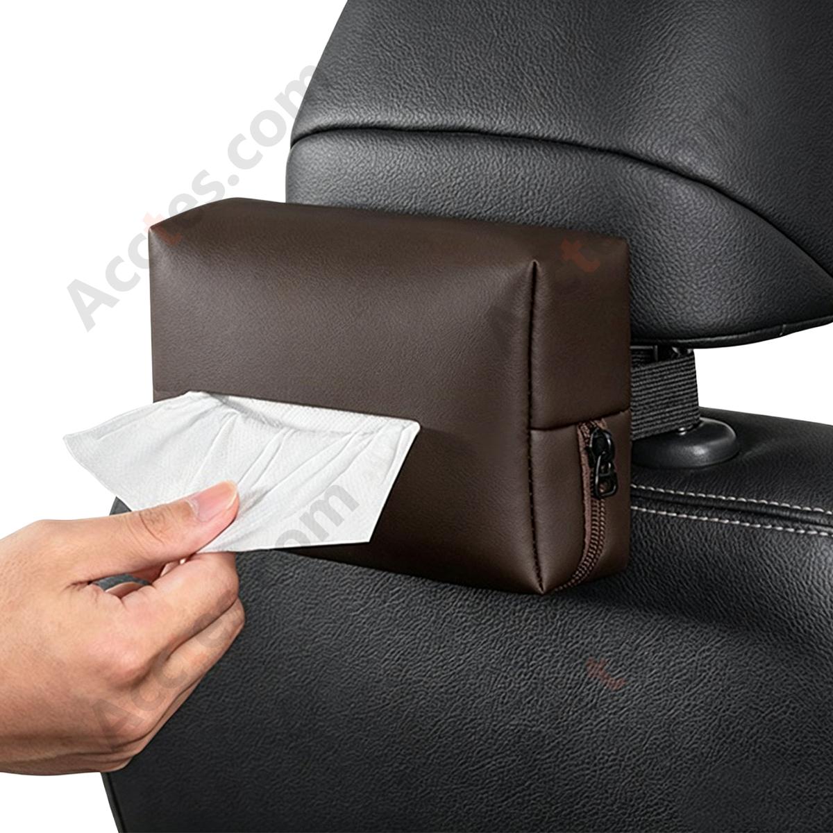 Hanging Leather Car Tissue Pouch for Sun Visor & Seat Back, Coffee Color