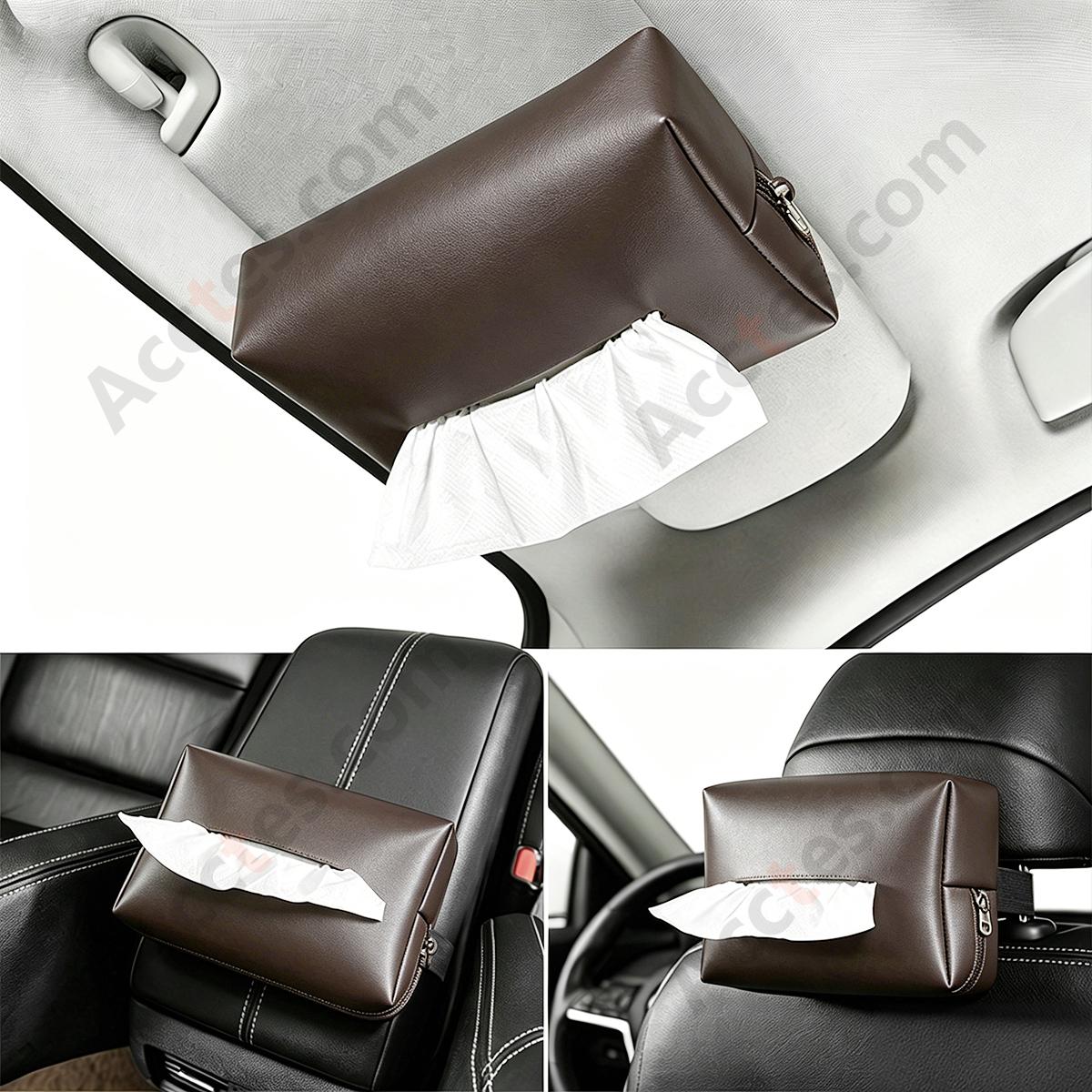 Hanging Leather Car Tissue Pouch for Sun Visor & Seat Back, Coffee Color