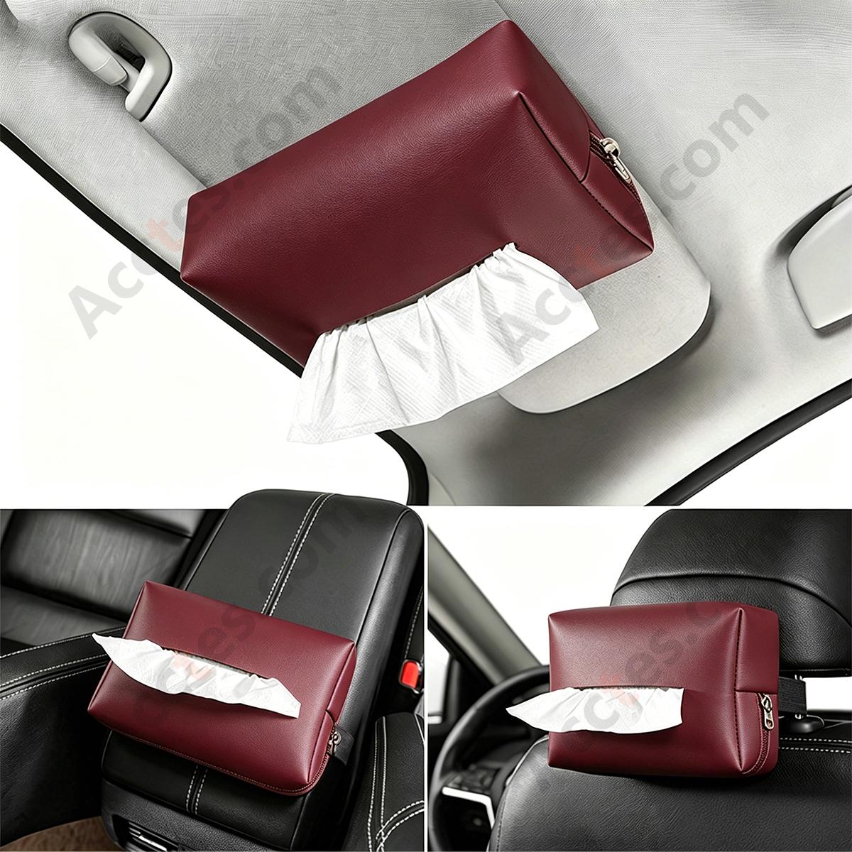 Hanging Leather Car Tissue Pouch for Sun Visor & Seat Back, Red