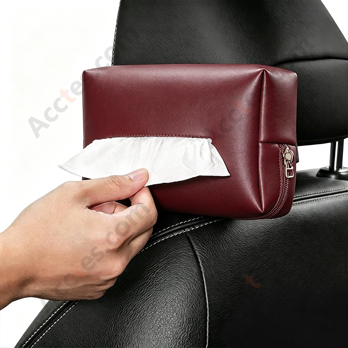 Hanging Leather Car Tissue Pouch for Sun Visor & Seat Back, Red