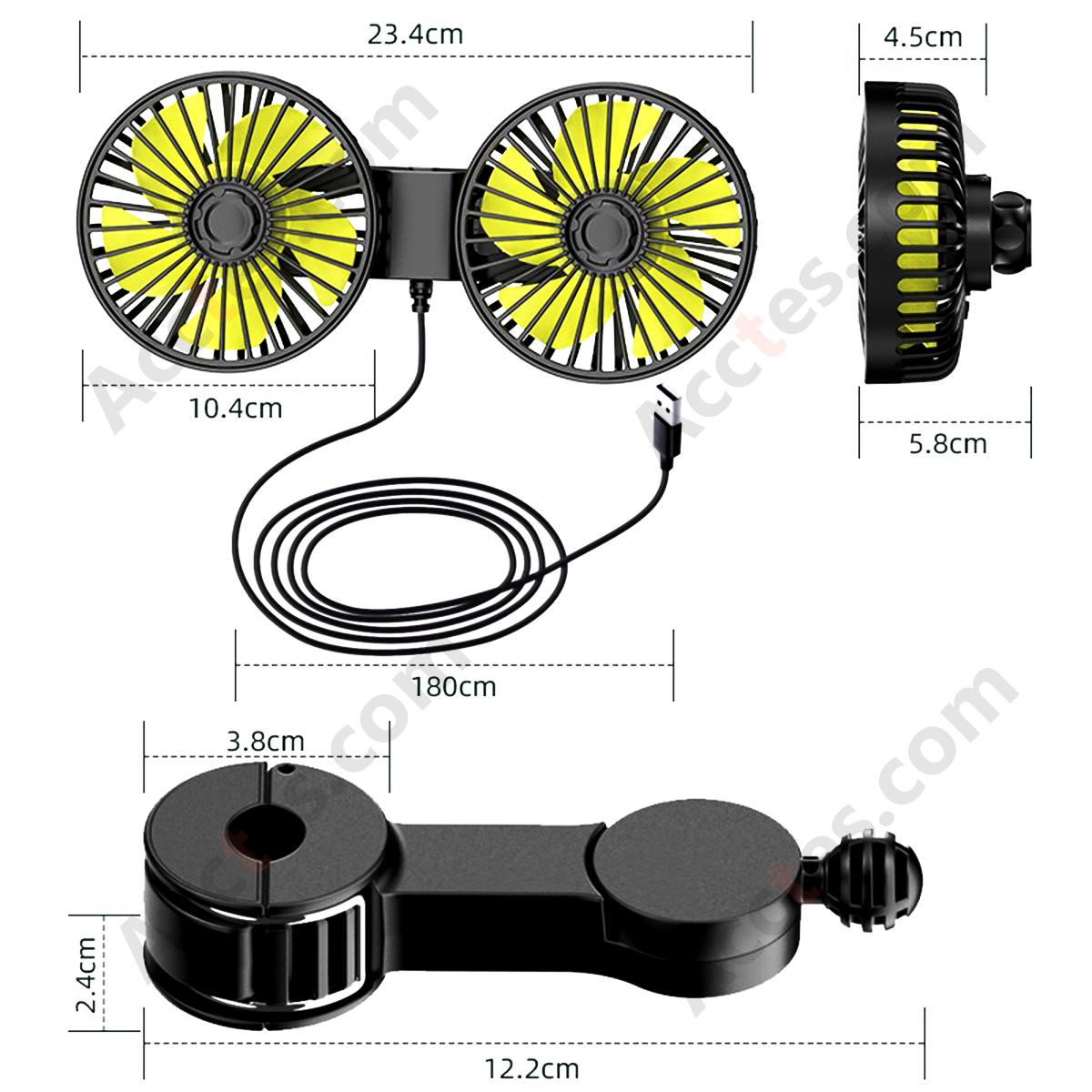 Dual Head USB Car Fan for Back Seat, 5 Blades, Mounts on Car Headrest Pillow