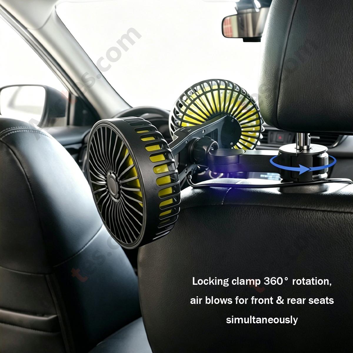 Dual Head USB Car Fan for Back Seat, 5 Blades, Mounts on Car Headrest Pillow