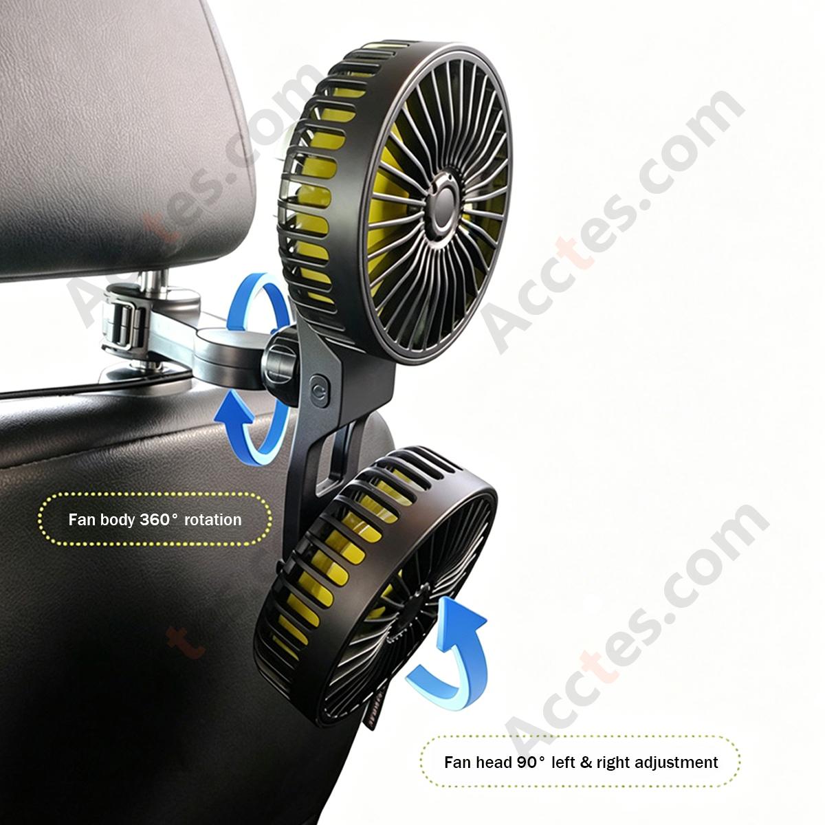 Dual Head USB Car Fan for Back Seat, 5 Blades, Mounts on Car Headrest Pillow