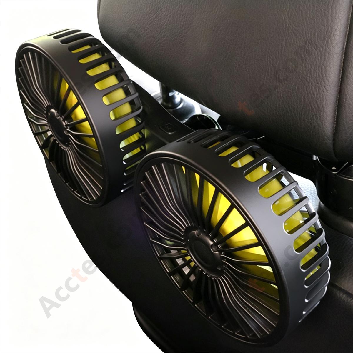 Dual Head USB Car Fan for Back Seat, 5 Blades, Mounts on Car Headrest Pillow