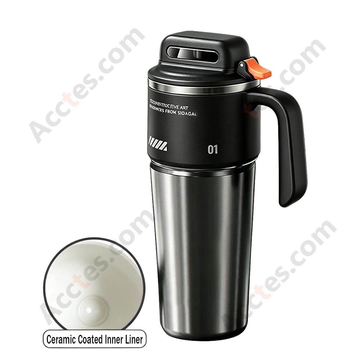 1000ml Black Ceramic Liner Insulated Tumbler with Straw for Men