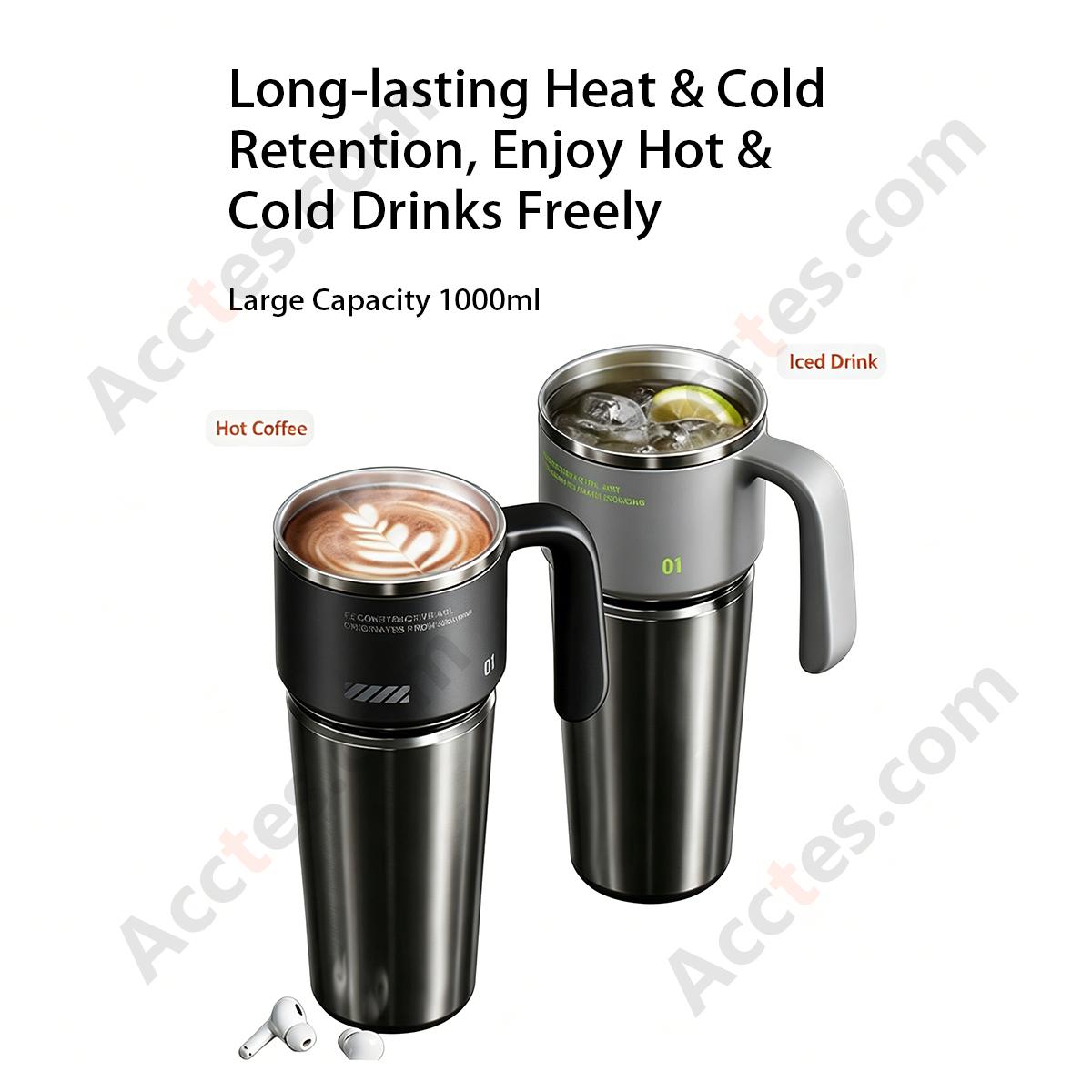 1000ml Black Ceramic Liner Insulated Tumbler with Straw for Men