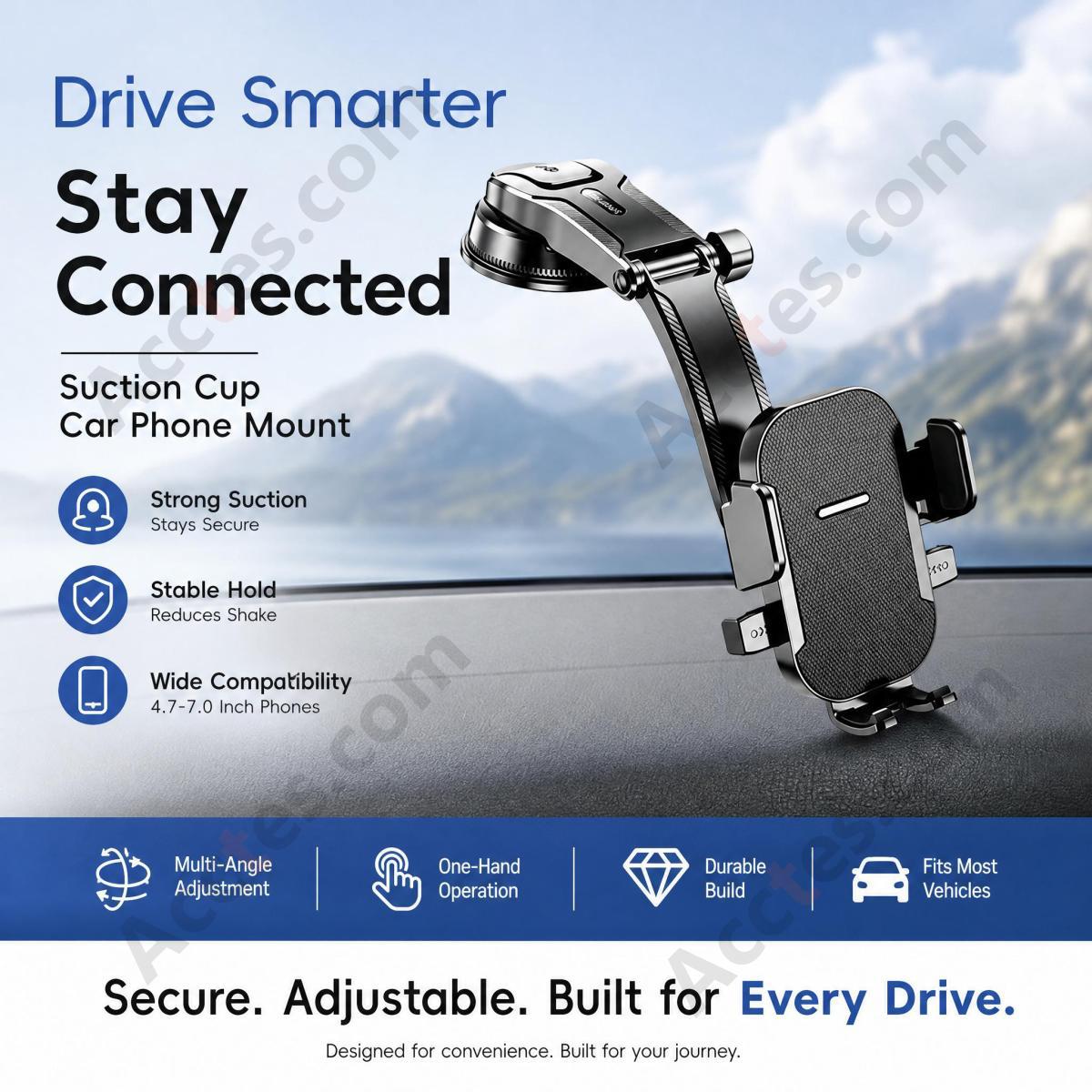 Square Mirror Surface Suction Cup Car Phone Mount Video