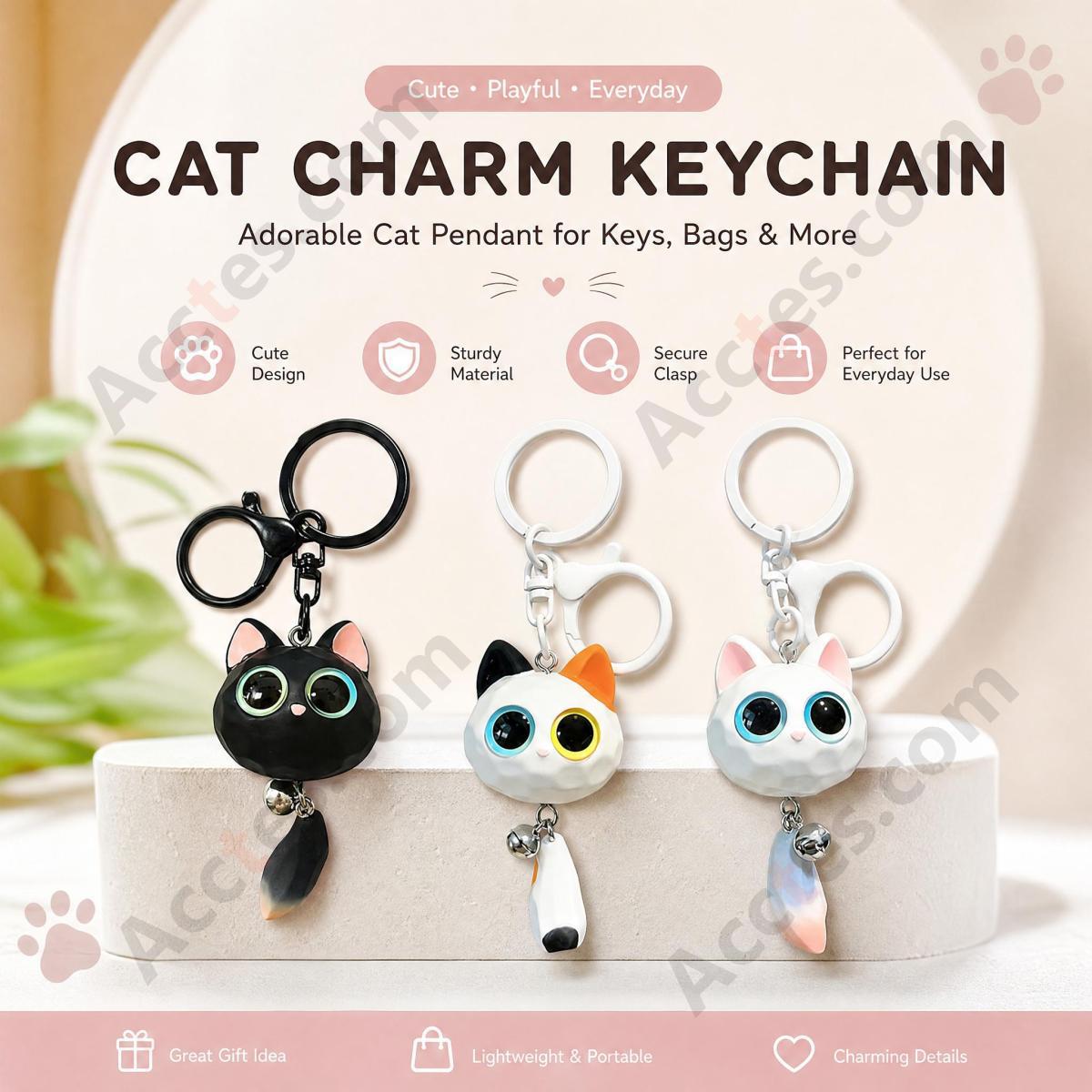 3D Resin Cute Big-Eyed Cat Head Car Keychain with Heterochromatic Eyes Video