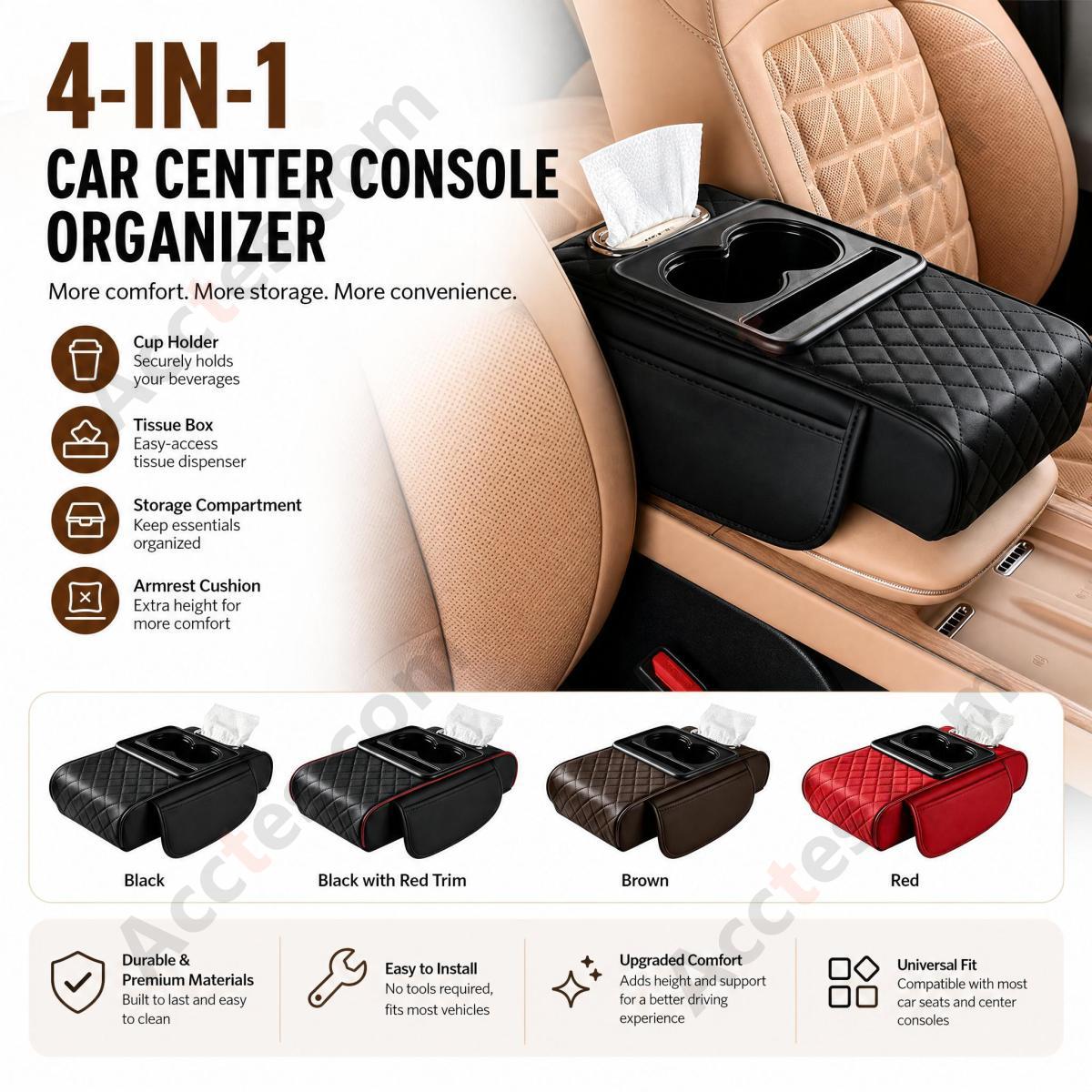 4-in-1 Multifunctional Car Tissue Box, Armrest Riser Pad, Storage Bag & Cup Holder, Coffee Color Video
