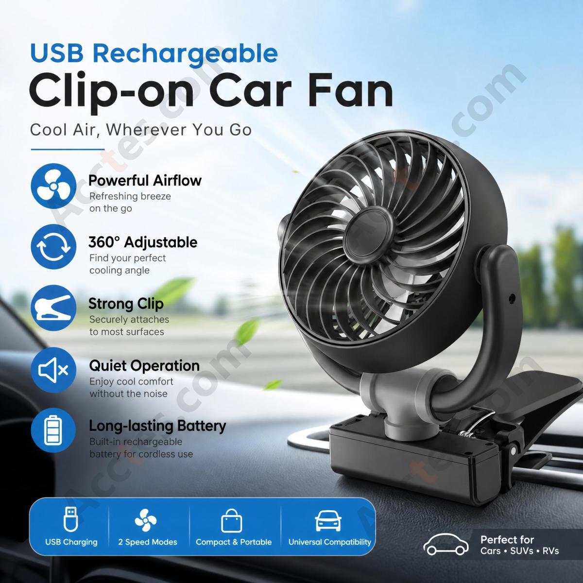 Black USB Charging Car Interior Front Dashboard Clip-On Fan Video