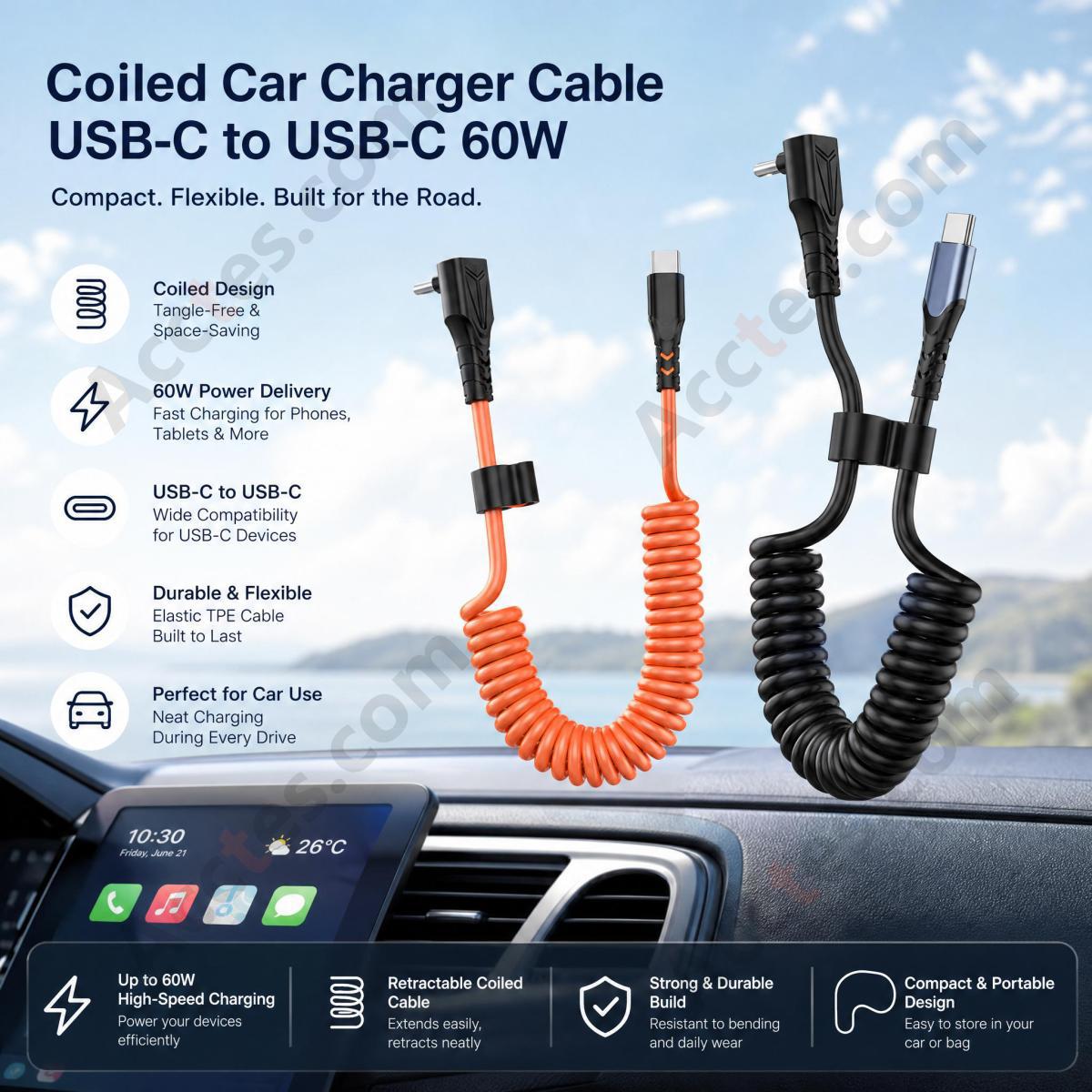 Brown Retractable Spring 2-in-1 C to C 60+27W Bare Cable Video