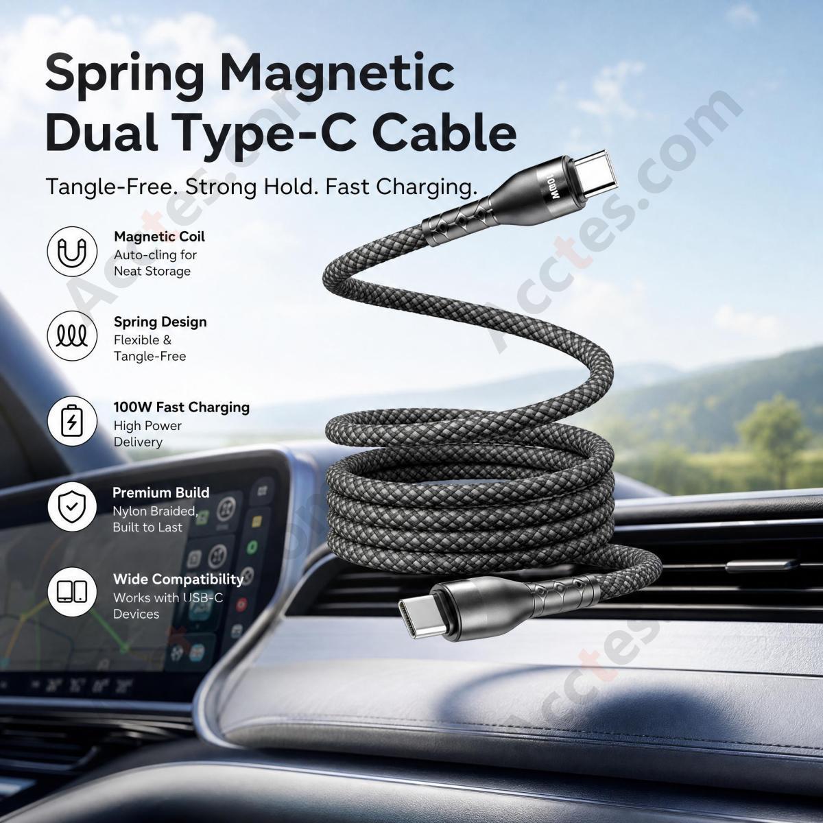 1.5M Black Spring Magnetic Dual Type-C 60W Bare Cable Video