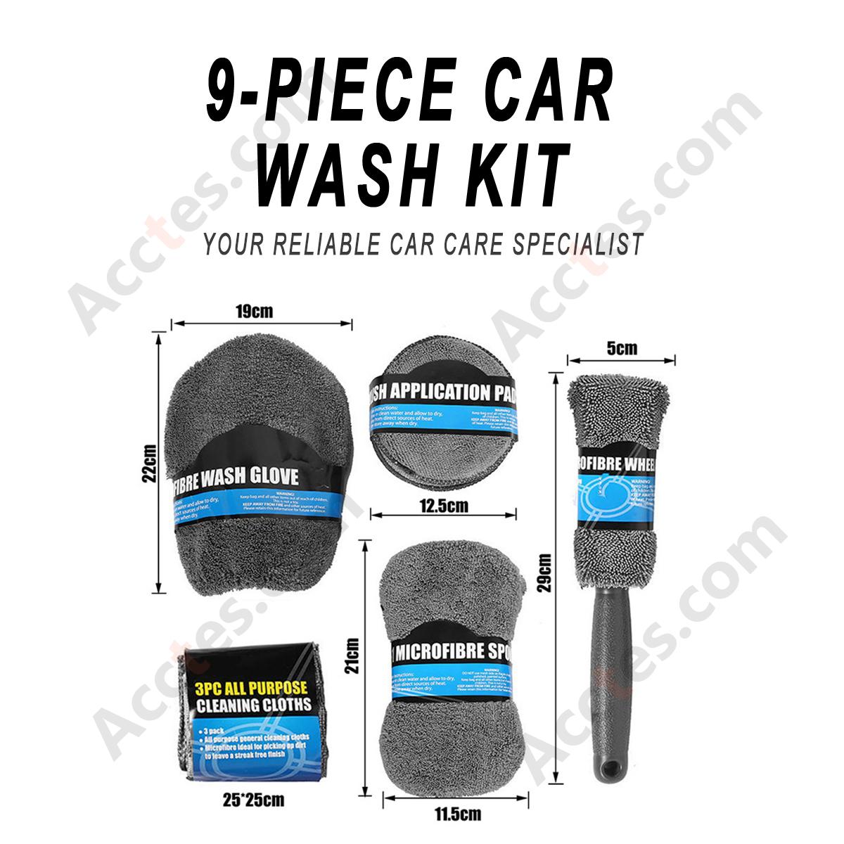 9Pcs Gray Car Washing Cleaning Kit With Brush Sponge Towel Glove In PVC Bag Package