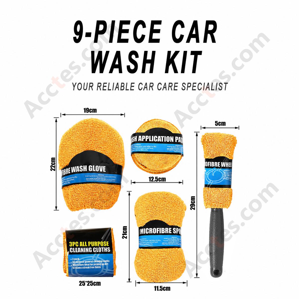 9Pcs Orange Car Washing Cleaning Kit With Brush Sponge Towel Glove In PVC Bag Package