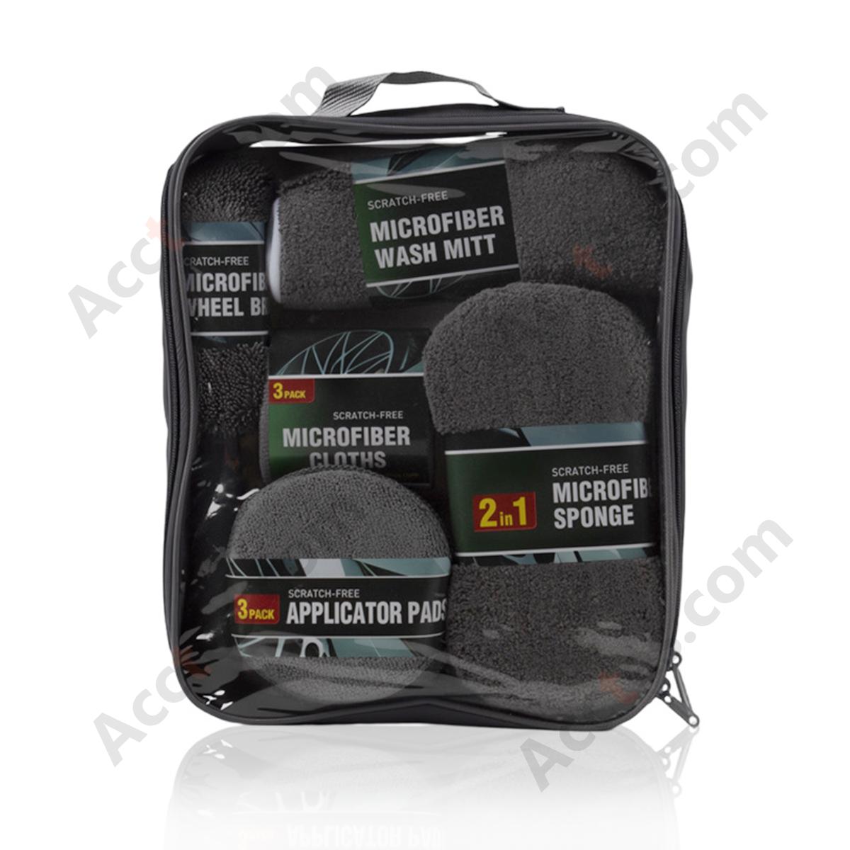 9Pcs Gray Car Washing Tool Kit With Brush Sponge Towel Glove With Oxford Storage Bag