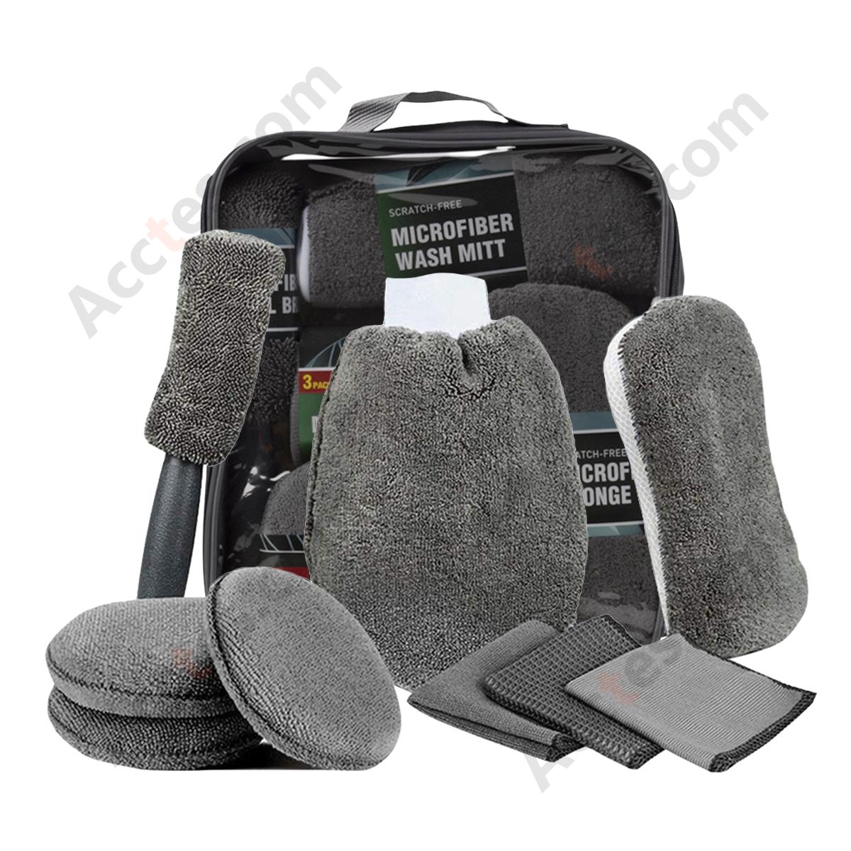 9Pcs Gray Car Washing Tool Kit With Brush Sponge Towel Glove With Oxford Storage Bag