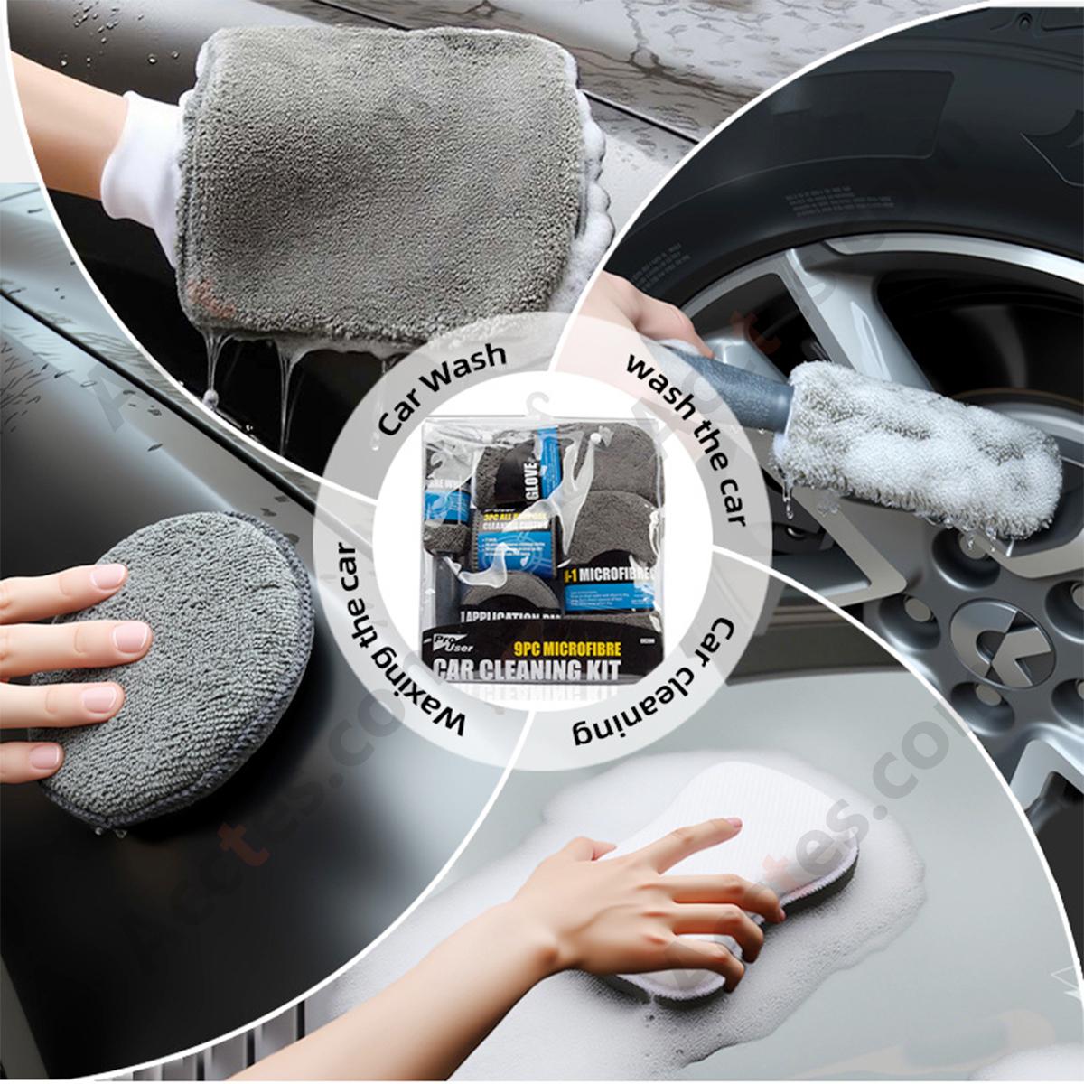 9Pcs Gray Car Washing Tool Kit With Brush Sponge Towel Glove With Oxford Storage Bag
