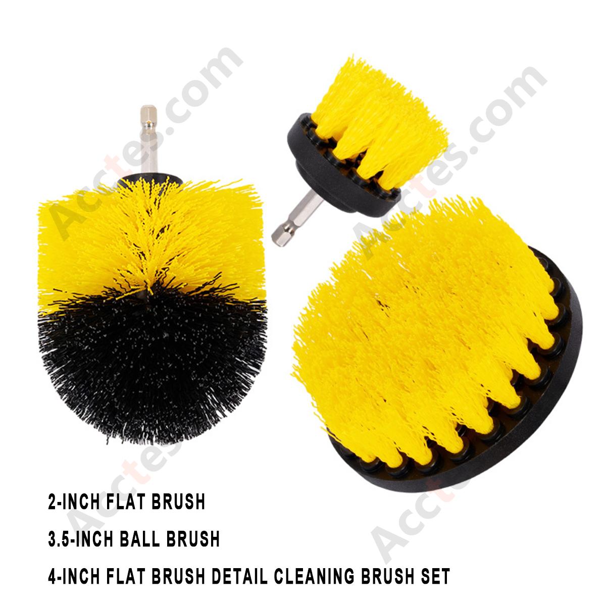 3Pcs Yellow Drill Cleaning Brush Set 2In Flat 3.5In Ball 4In Flat For Auto Detailing