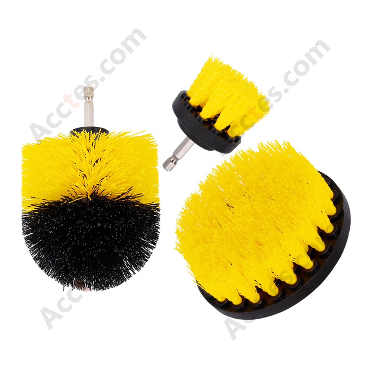 3Pcs Yellow Drill Cleaning Brush Set 2In Flat 3.5In Ball 4In Flat For Auto Detailing